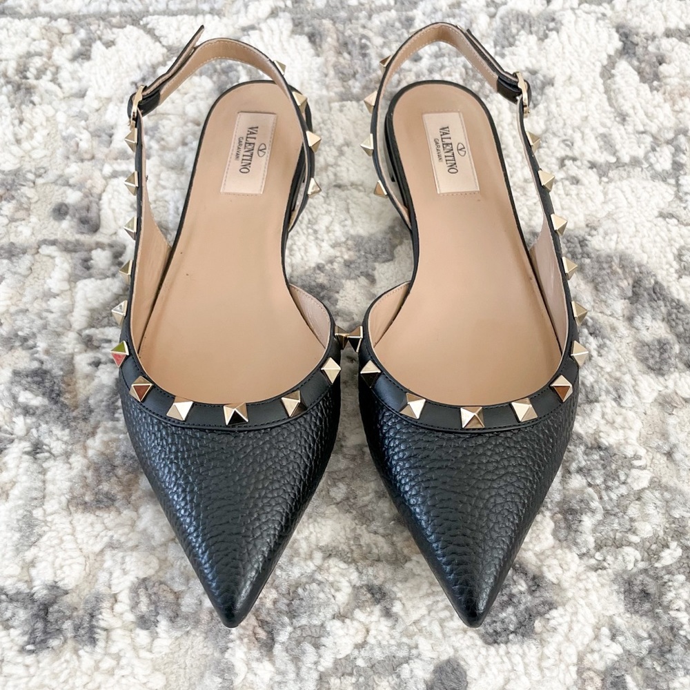 Valentino Rockstud Grainy Leather Slingback Flats size 37.5